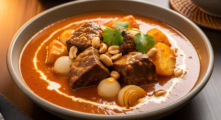 A macro close-up of rich Thai Massaman beef curry shows large chunks of beef, whole pearl onions, peanuts, and potatoes immersed in a thick, creamy coconut milk sauce. The intricate blue and white pattern of the bowl adds contrast, highlighting the meal's savory texture.の素材