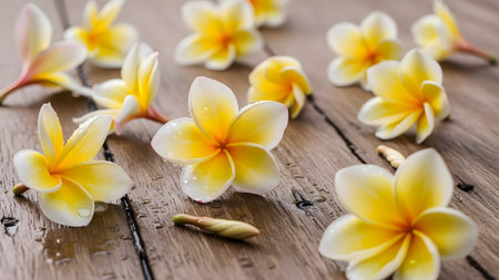 Several delicate yellow and white frangipani (plumeria) flowers, many with small water droplets, are scattered across a wet, rustic wooden deck or table. The composition evokes themes of tropical spa, tranquility, and natural beauty.の素材