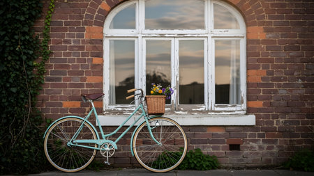 A vintage-style mint-green bicycle with white tires and a leather seat is propped against an old red brick wall beneath a large arched white window. A wicker basket filled with colorful wildflowers sits on the handlebars, conveying a romantic, leisurely, and nostalgic summer feel.の素材