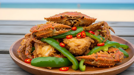 A plate of crispy fried soft-shell crabs is generously garnished with whole green chili peppers and sliced red chilies, served on a wooden plate with a beach in the blurred background. The dish highlights a savory, spicy, and exotic seafood meal.の素材