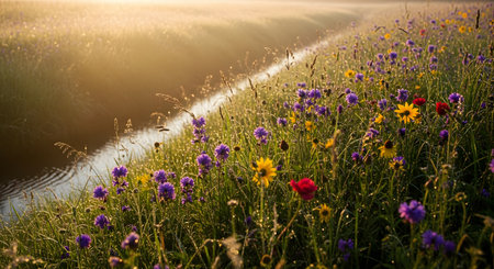 A sunlit meadow is covered in a vibrant array of purple and yellow wildflowers and tall grasses, with dew drops sparkling on the foliage. A narrow stream runs alongside the edge of the field, creating a peaceful natural scene.の素材