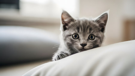 A close-up portrait of an adorable small gray tabby kitten with large, innocent eyes peeking over the edge of a white or light-colored sofa or cushion in a soft-focus indoor setting. The image emphasizes the cuteness, curiosity, and innocence of a young domestic pet.の素材