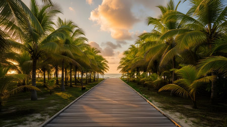 A long wooden boardwalk leads directly through an avenue of lush palm trees toward a tranquil tropical beach and the ocean horizon at sunset. The low, warm light casts long shadows, creating a serene and inviting pathway to the sea.の素材