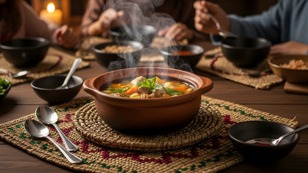 A steaming, rustic clay bowl of savory vegetable and meat soup or stew is the centerpiece of a warm, intimate dinner setting. The dish sits on a woven placemat, surrounded by partially visible people and small black bowls, suggesting a cozy, communal meal.の素材