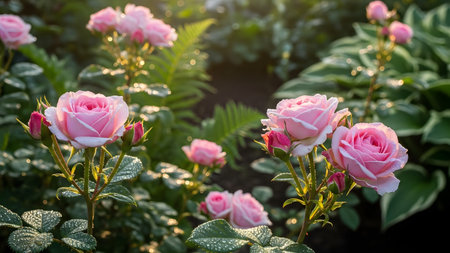 Several delicate pink roses, covered in fine dew droplets, bloom brightly in a garden bathed in early morning sunlight. The soft focus background highlights the freshness and beauty of the wet flowers.の素材