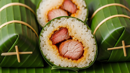 A close-up of a traditional Vietnamese sticky rice cake, potentially Banh Tet or Banh ChÆ°ng variation, wrapped in a banana leaf, showcasing the layers of white glutinous rice and marinated pork belly. The green banana leaf wrap and the rich, red pork create a visually appealing cross-section.の素材