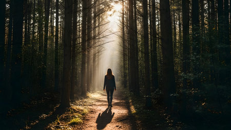 A woman is captured from behind, walking alone down a sunlit, misty path deep inside a dark, dense forest, surrounded by tall pine trees. The light at the end of the path creates a dramatic and ethereal contrast, suggesting themes of journey, solitude, or mystery.の素材