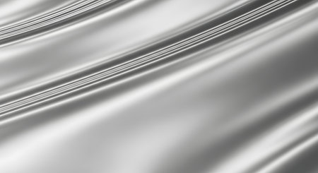 A high-resolution, abstract close-up image captures the smooth, flowing texture of silver or light gray metallic satin fabric with deep, reflective folds and waves. The pattern and sheen create a sense of movement, elegance, and luxury, suitable for backgrounds.の素材