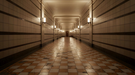 A long, symmetrical, and dimly lit vintage corridor or hallway features walls lined with cream and brown tiled paneling and a worn orange and cream geometric tiled floor. Wall sconces cast warm light and strong shadows, creating a dramatic, retro perspective.の素材