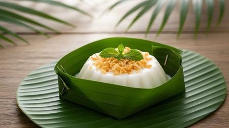 A dome-shaped Thai coconut pudding (or agar-agar jelly) is elegantly presented in a folded banana leaf bowl on a round banana leaf mat, garnished with toasted coconut flakes and a fresh mint leaf. The clean white of the dessert contrasts beautifully with the vivid green leaves and rustic wooden table.の素材