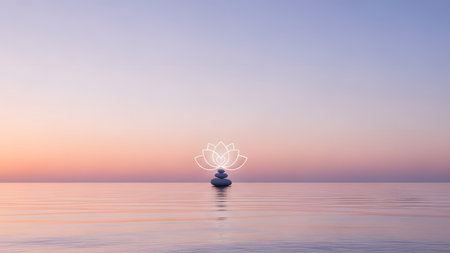 A digital illustration shows a glowing white lotus flower symbol suspended above three stacked grey zen stones resting slightly submerged on the surface of a calm, reflective sea. The tranquil scene is set against a pastel sunset or sunrise sky.の素材