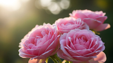 A close-up of a cluster of **delicate pink roses**, their petals still dusted with **morning dew or water droplets**, beautifully backlit by bright, golden sunlight. The soft focus and contrast highlight the freshness and gentle beauty of the flowers at sunrise or sunset.の素材