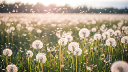 A wide, sunlit field is densely covered with **fluffy dandelion seed heads**, many of which are seen **blowing their seeds** (pappus) through the air. The bright **golden sunset or sunrise light** backlights the scene, creating a magical, soft-focus, dreamy summer or spring landscape.の素材