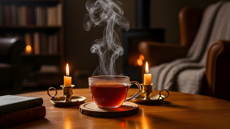 A steaming mug of hot tea sits on a wooden coaster, flanked by two lit candles in brass holders, on a wooden table. In the background, a cozy armchair is positioned near a dimly lit fireplace and a bookcase, creating a warm, tranquil evening scene.の素材