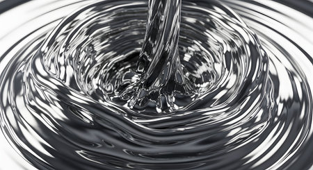 An abstract close-up shot captures a stream of dark, highly reflective liquid metal pouring into itself, creating concentric ripples and swirls. The surface texture is smooth and polished, giving a futuristic and luxurious feel.の素材