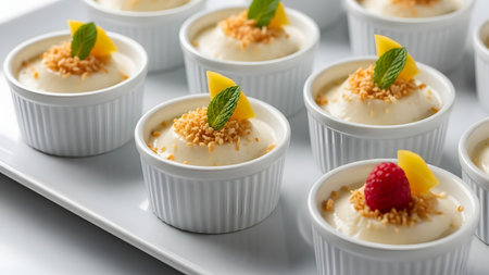 A series of individual white ramekins holds a light, creamy mango mousse or pudding dessert, topped with toasted coconut, a small mango slice, and a fresh mint leaf. One serving is garnished with a vibrant red raspberry instead of mango, adding a contrasting pop of color to the elegant dessert presentation.の素材