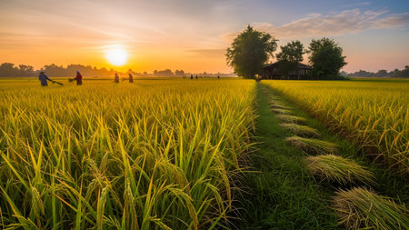 A beautiful, warm sunset illuminates a mature, golden rice paddy where several farmers are working, with bundles of harvested rice lying in the foreground. A small traditional wooden house is visible near a clump of trees in the middle distance.の素材
