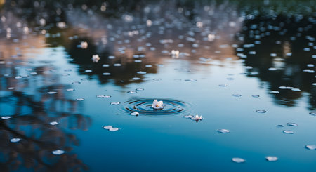 A single cherry blossom petal rests at the center of a calm, blue pond, creating tiny concentric ripples on the water's surface. Scattered petals float around it, reflecting the blurry, darker shapes of surrounding trees and sky.の素材