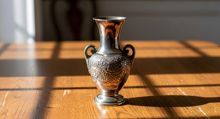 An ornate, vintage silver vase with detailed floral engraving and small handles is displayed on a polished wooden table. Sunlight streaming through a window creates strong, geometric shadows on the surface, highlighting the vase's metallic texture.の素材