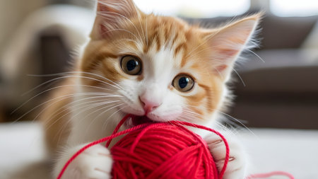 A close-up portrait of an adorable **ginger and white tabby kitten** with large eyes, playfully biting a large **ball of bright red yarn**. The soft focus and low angle emphasize the kitten's curiosity and energy in a cozy indoor setting.の素材