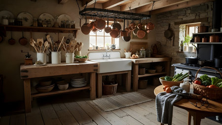 A charming rustic farmhouse kitchen features a large white porcelain sink and a hanging rack filled with copper pots and pans. Wooden worktables, stone walls, and vintage utensils create a nostalgic and cozy culinary environment.の素材