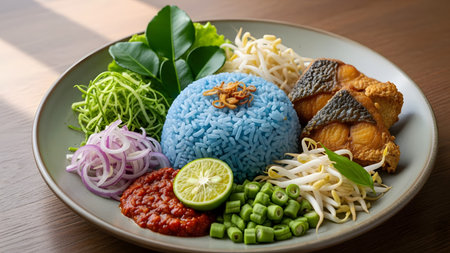 A beautifully arranged dish of Malaysian Nasi Kerabu (blue rice), served with fried fish fillets, shredded raw vegetables, bean sprouts, red chili paste (sambal), and a lime slice on a plate. The vibrant colors and textures create an appetizing, traditional meal presentation.の素材