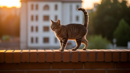 A striped tabby cat walks confidently along the top of a red brick wall, backlit by the warm glow of the setting sun. The cat's tail is raised high, and the blurred city background creates a beautiful urban wildlife scene.の素材