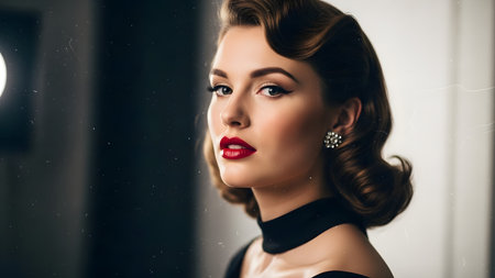 A glamorous woman is captured in a close-up, vintage-inspired portrait, featuring impeccably styled wavy hair, dramatic cat-eye makeup, and bold red lipstick. She is wearing sparkling stud earrings, evoking the classic beauty of 1940s Hollywood cinema.の素材