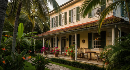 A charming two-story yellow colonial-style plantation house with a wide porch and green shutters, nestled in a lush tropical garden with palm trees. The scene evokes a relaxed, historic Caribbean or Southern living atmosphere.の素材