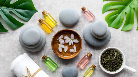A top-down view of a spa composition featuring colorful essential oil bottles, smooth grey stones, and a wooden bowl with delicate flower petals. Green monstera leaves and a white towel complete the natural, relaxing arrangement.の素材