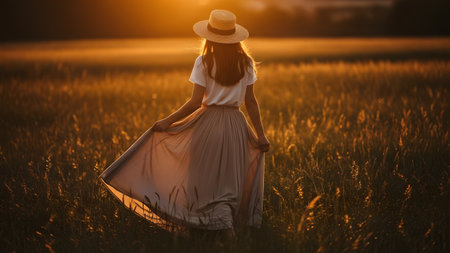 A woman wearing a straw hat and long dress stands in a tall grass field, bathed in the warm golden light of sunset. The back view captures a sense of freedom, peace, and connection with nature.の素材