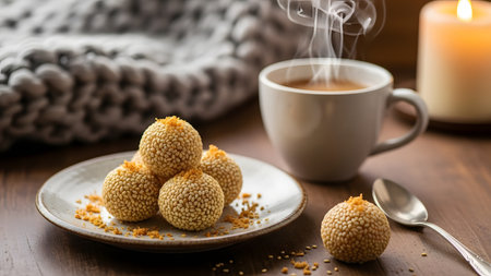 A plate of Onde-onde, traditional sesame-coated fried glutinous rice balls, arranged on a wooden table next to a cup of hot coffee. The cozy lighting and warm textures create a comforting atmosphere for a perfect afternoon snack.の素材
