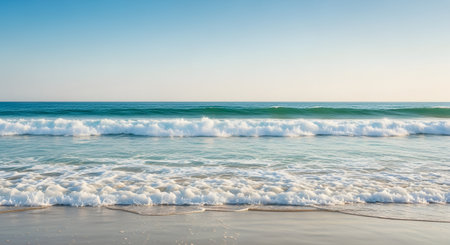 A wide, scenic view of gentle ocean waves rolling onto a sandy beach under a clear blue sky. The turquoise water and white foam contrast with the golden sand, creating a serene and refreshing summer holiday atmosphere.の素材