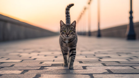 A confident tabby cat walks directly towards the camera on a paved path during the golden hour. The cat's tail is held high, and the soft sunset light creates a warm background blur.の素材