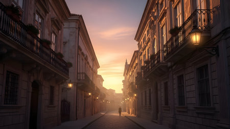 A picturesque view of a narrow historic street paved with cobblestones and lined with elegant buildings at sunset. The warm golden light illuminates the ornate balconies and street lamps, casting long shadows as a lone figure walks in the distance.の素材