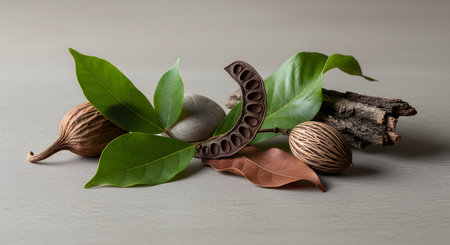 A minimalist still life composition featuring dried seed pods, a textured stone, and fresh green leaves on a neutral background. The arrangement highlights natural textures and organic forms, perfect for spa, zen, or eco-friendly concepts.の素材