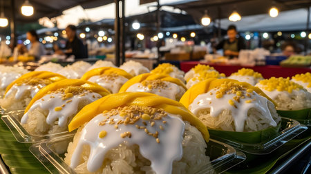 Rows of mango sticky rice portions displayed at a night market stall. Each serving features yellow mango slices over sticky rice, topped with coconut cream and sesame seeds, ready for customers.の素材