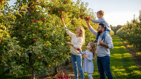 A cheerful family of four picks fresh red apples in a sunny orchard during the autumn harvest season. The father holds his son on his shoulders to reach high branches, while the mother and daughter gather fruit below.の素材