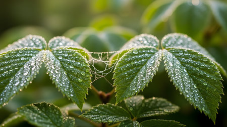 A delicate spider web connecting two green leaves is adorned with tiny morning dew drops. The macro shot captures the intricate details of the water droplets and the web against a soft, natural bokeh background.の素材