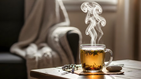 A glass cup filled with hot herbal tea, emitting graceful swirls of steam and smoke. The drink sits on a wooden surface with dried lavender, creating a relaxing, healthy, and cozy beverage concept.の素材