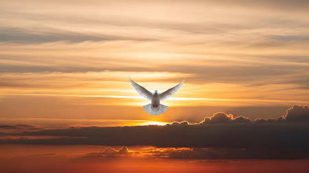 A white dove flying gracefully with wings spread wide against a breathtaking golden sunset sky. The sun bursts through the clouds behind the bird, creating a spiritual and uplifting image that symbolizes peace, hope, and freedom.の素材