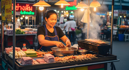An Asian street food vendor smiling while grilling satay skewers at a busy night market stall. Smoke rises from the charcoal grill, adding to the authentic and lively atmosphere of the culinary scene.の素材