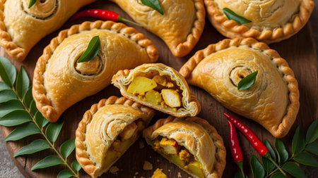 A close-up arrangement of golden-brown fried curry puffs, showcasing their flaky, crimped pastry edges. One puff is cut open to reveal a savory filling of potatoes and meat, surrounded by fresh curry leaves and chilies. This image highlights a popular savory snack enjoyed across Southeast Asia.の素材