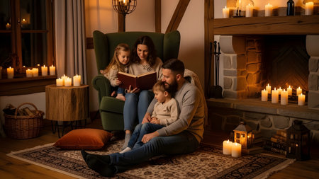 A warm and cozy scene of a family of four reading a book together in an armchair by a lit fireplace. Surrounded by candles and soft lighting, the parents and children share a bonding moment of comfort and happiness.の素材