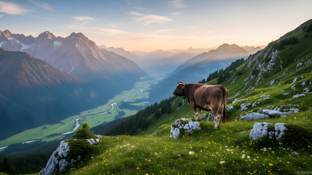 A brown cow standing on a grassy hillside overlooking a vast mountain valley. The scenic landscape is bathed in the warm light of a sunset, highlighting the beauty of alpine farming.の素材