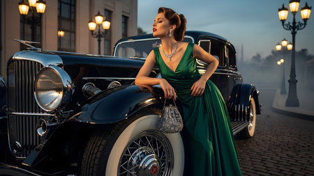 A glamorous woman wearing an emerald green evening gown and holding a beaded purse leans elegantly against a black vintage luxury car. Street lamps glow in the background, enhancing the classic 1930s or 1940s fashion atmosphere and sophisticated style.の素材