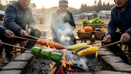 A group of people gathers around a campfire roasting vegetables like corn, peppers, and sweet potatoes on sticks. The scene captures a warm, communal outdoor cooking experience and traditional lifestyle.の素材