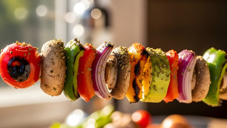 A close-up view of a colorful vegetable skewer featuring grilled mushrooms, red and green peppers, and red onions. The vibrant colors and charred edges highlight a delicious and healthy vegetarian barbecue option.の素材