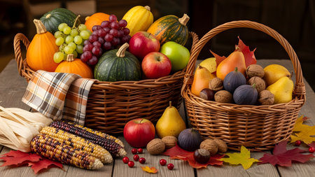 A bountiful autumn harvest display featuring wicker baskets filled with colorful pumpkins, apples, pears, grapes, and corn. Scattered autumn leaves and nuts on the wooden table enhance the festive Thanksgiving and seasonal theme.の素材