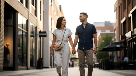 A happy young couple walks hand-in-hand down a modern city street lined with shops. They look at each other with smiles, enjoying a romantic stroll in an urban environment.の素材